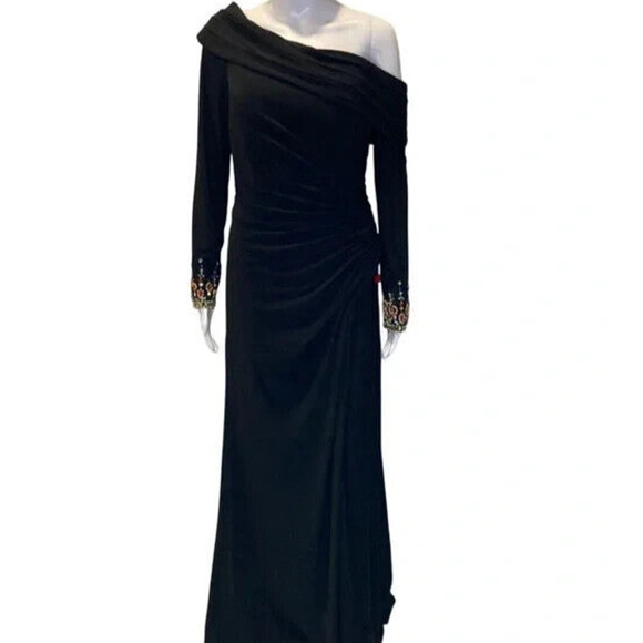NWT MAC DUGGAL 12231 Beaded Cuff Drop Shoulder Long Sleeve Gown Dress Black‎ - Picture 5 of 6